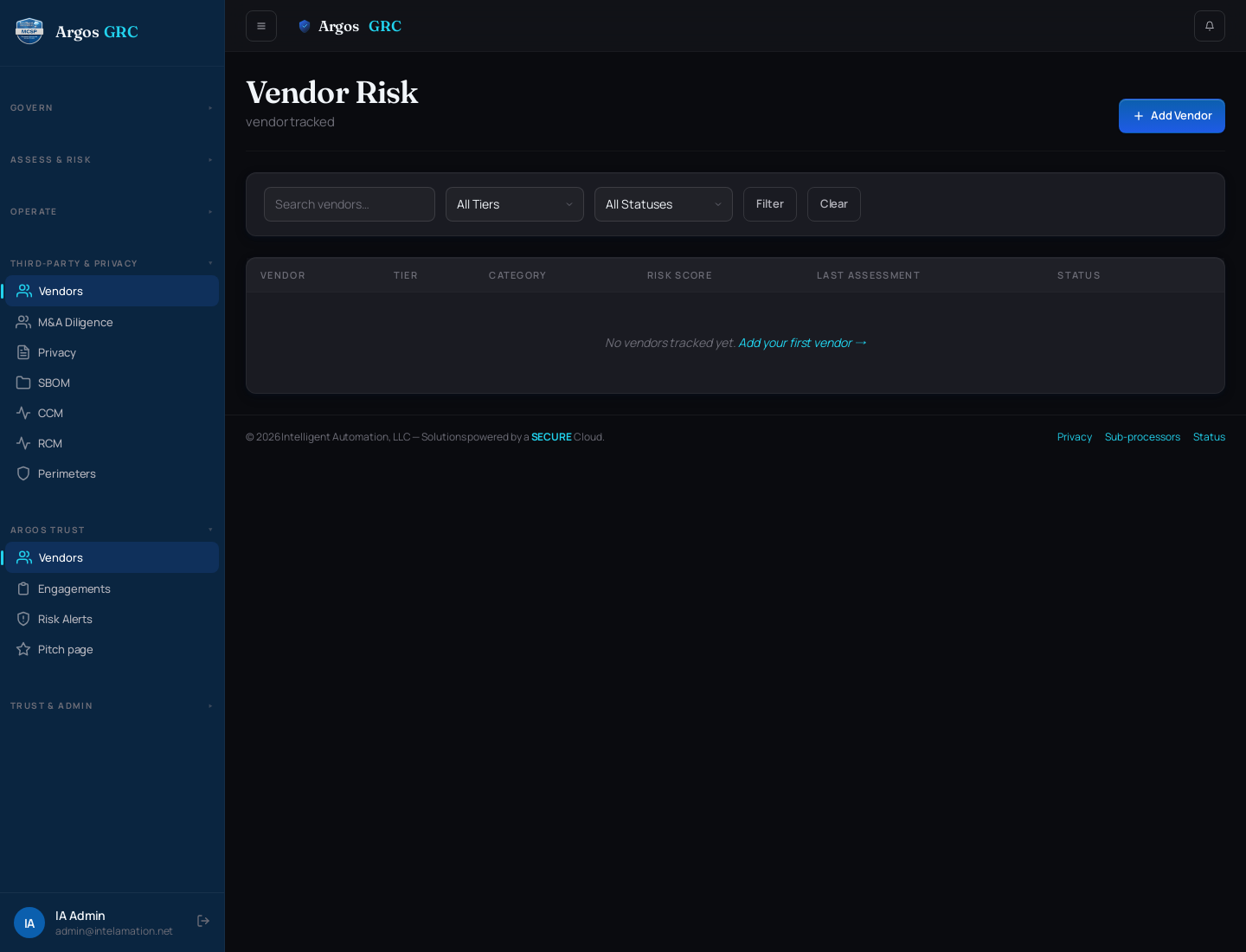 Vendor Risk page inside Argos GRC, with the Argos Trust sidebar group expanded — Vendors, Engagements, Risk Alerts, Pitch page